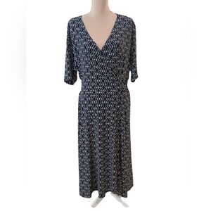 41 Hawthorne Plus Blue White Geometric Stretch Knit Midi Dress Womans 3x Tie